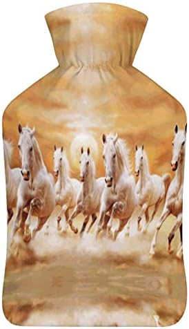 Бело трчање коњи Зајдисонце шише со топла вода 1000 мл со мека покривка Отстранлива топла пакет торба за вбризгување на вода за рачни нозе