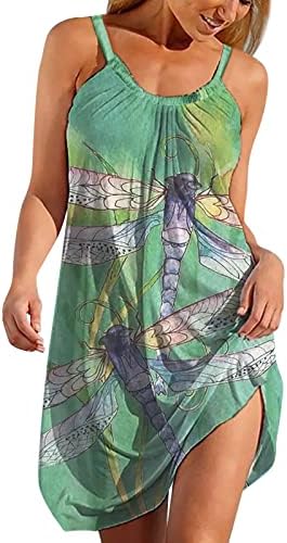 Летен фустан за жени 2023 Елегантна цветна печатена печатена сандерс шпагети каиш лажичка на вратот без ракави мини фустани