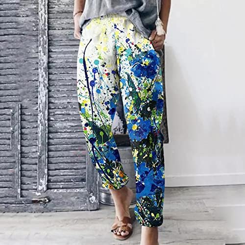 Ксиншид постелнини панталони за жени цветни печати затегнати харем панталони со џебови Обичен еластичен половината лабава плажа капри панталони