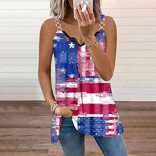 4-ти јули, врвови на резервоарот без ракави за жени, ден за независност, чипка на вратот V вратот кошули САД, знаме за печатење Ками елек маица