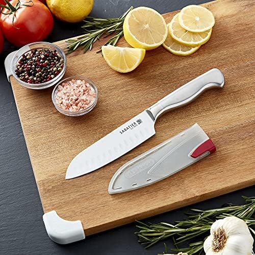 Сабатиер фалсификуван нож од не'рѓосувачки челик Сантоку со капакот на сечилото за самооболување на ножот, нож за острина за овошје, зеленчук