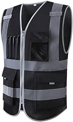 Црниот безбедносен елек рефлексиран со елек за градежни џебови и патент со рефлексивни ленти со голема видливост работна облека