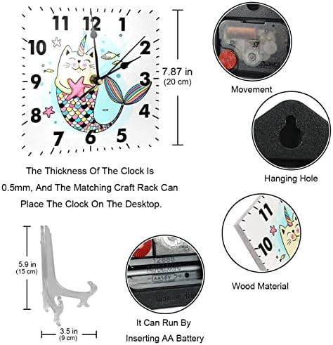 Симпатична мачка сирена doodle за деца квадратни wallидни часовници декоративни, батерии оперирани кварц аналогни тивки работни часови