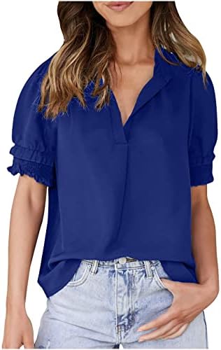Раширени Ракави Блузи За Жени Еднобојни Обични В-Вратот Краток Ракав Лабава Маица Кошули Блуза