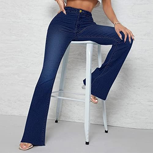 Карирани панталони жени со високи половини женски фармерки малку еластични високи половини и малку разгорени панталони супер директно