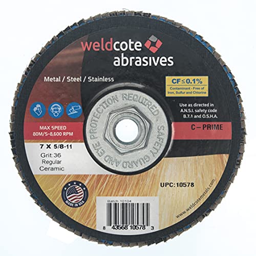 Weldcote 7 ”x 5/8-11 C3 Керамички флапски диск тркала GRIT-36 направени во САД, 10 дискови по многу