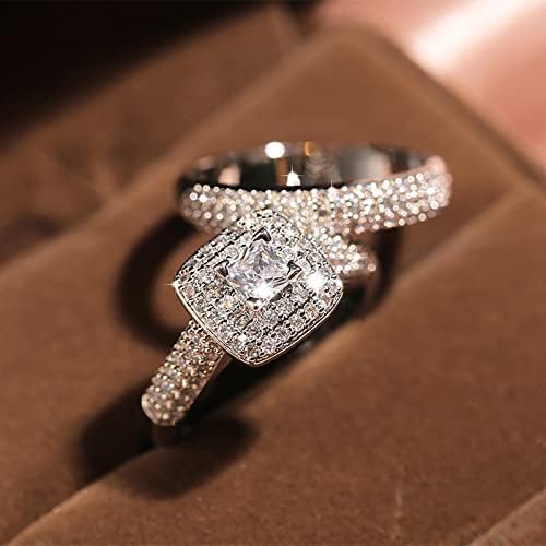 2 парчиња постави двојка принцеза Плоштад дијамантски сет прстен моден луксузен ангажман свадбен накит за жени фанки прстен