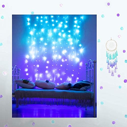 Завесаат светла за wallид во спална соба, осветлуваат завеси предводени жици светла тиркизна чаша сина лаванда lilac purple twinkle