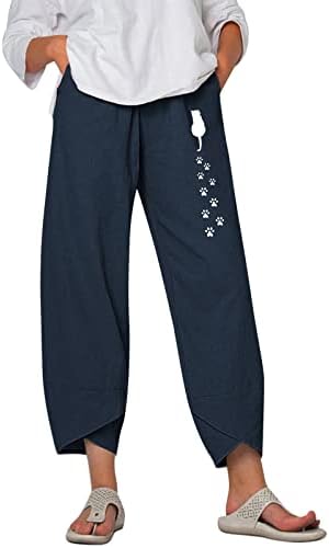 Etkiaенски жени панталони женски цврсти обични панталони печатени панталони Еластични џебови на половината широки панталони со