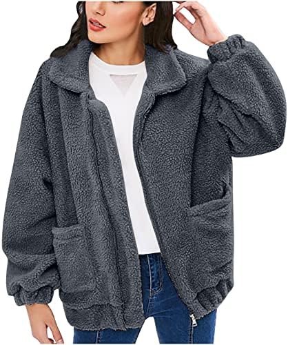 Женска пријатна патент на руно јакна есен зимска цврста боја шерпа јакна со долг ракав лапел буги палто јакна со џеб