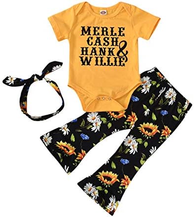 Облека за девојчиња за девојчиња за бебиња Hber Baby Toddler Merle Cash Hank Willie Romper Bodysuit Leopard Bell-Bottom Pants + Поставени