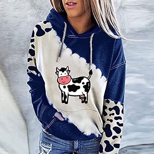 Симпатична крава качулка за женски џемпери во боја на бои со џеб со долги ракави врвови на качулка со качулка
