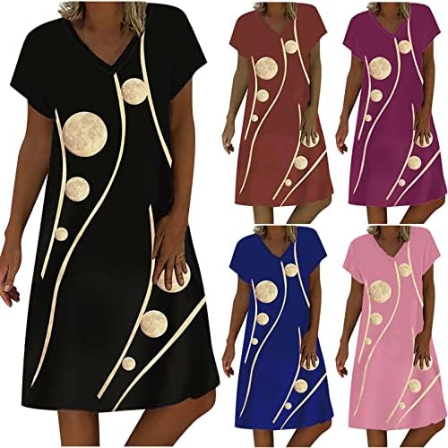 Hosенски жени летни трендовски маички фустани случајни кратки ракави против вратот мини фустан, печатење смена за менување туничен