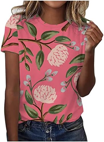 Женски хавајски кошули со култура на палми лисја печати маица горниот краток ракав, тркалезна вратна блуза 2023 летна тропска кошула