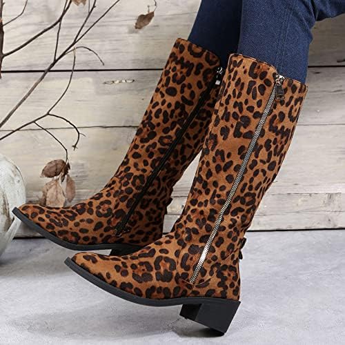 HCJKDU бутовите високи чизми за жени буци со чевли за подигање на колено со средно потпетица мода леопард печатен патент, обични дами