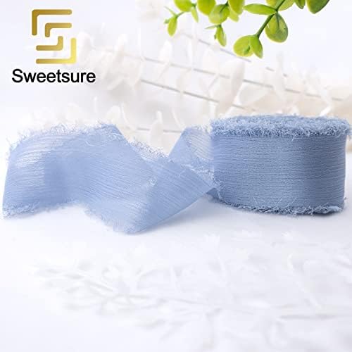 SweetSure Рачно изработени шифон свилени панделки - 1,5 x 11yd исцрпени рабови сина лента како сина лента за свадбени покани, завиткување