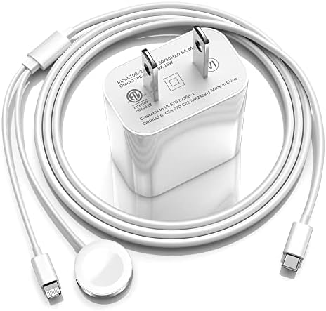 Charger Apple Watch [Apple MFI сертифициран] 2023 го надгради 2-во-1 USB C Брзи полнач, 6FT Smart Iwatch Magnetic Chable Cable со блок за полнач на wallидови од 15W за серија 8/7/6/SE/5/4 и iPhone 14/13/ 12/11/про