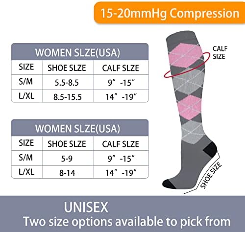 Чорапови за компресија на Yeug за жени Циркулација на мажи 15-20 mmhg колено високо чорап најдобро за медицински, трчање, медицински сестри, патувања,