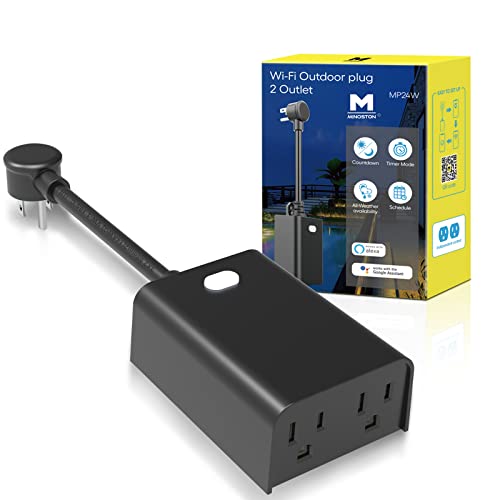 Minoston Outdoor Smart Plug Wi-Fi приклучоци со 2 индивидуални контролни приклучоци, отпорност на временски услови, работа со Alexa, Google