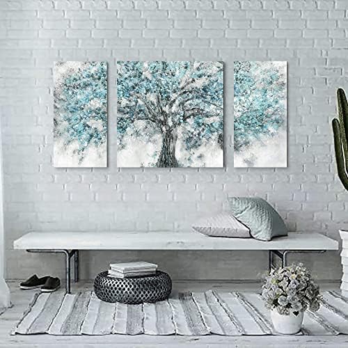 двојни дрвја Апстрактна платна wallидна уметност: дневна соба модерна сина дрво слика цвет на природа пејзаж текстура печатење 3 парчиња сребрена фолија рачно насли?