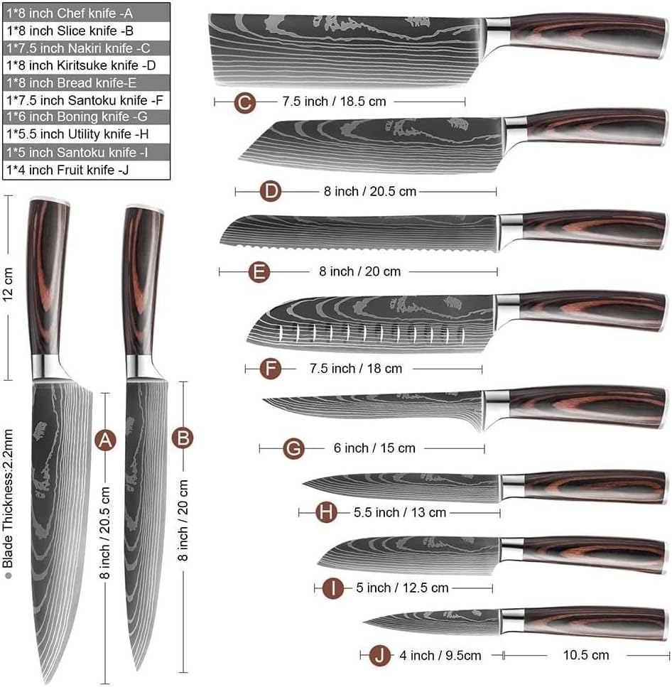 Нож во собата, 10 ПАРЧИЊА Нож Во Собата Кујна Ножеви Ласерски Модел Јапонски Сантоку Нож Нож Сечење Комунални Нож Сечење Зеленчук Кујна