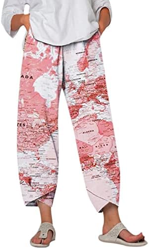 Панталони со ДСОДАН Капри за жени Палацо дневни панталони широки печати за нозе исечени дното на широки панталони со џебови со џебови