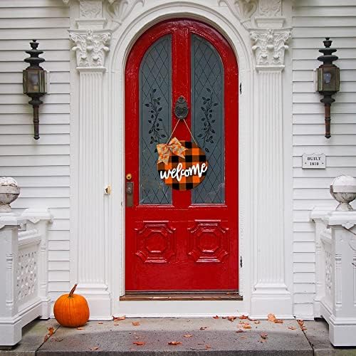 Suqkxco пад Денот на благодарноста портокалова карирана врата од врата дрвена буква добредојде знак есен дрвена врата, знак предниот дел за декорација