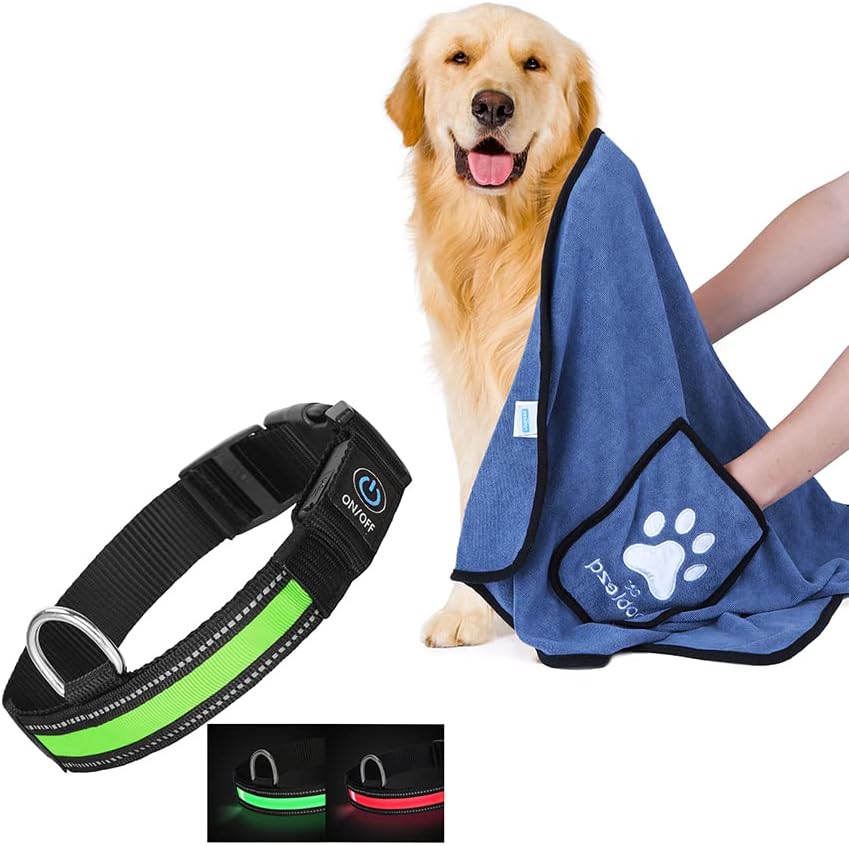 Ноблза кучиња пешкир, супер апсорбирана голема пешкир за домашни миленици со џебови за раце за сушење кучиња, LED јака за кучиња, USB -јака за сјај на кучиња со 3 режими ?