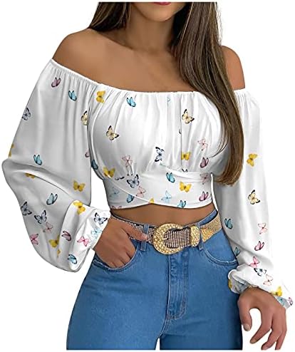 Womenените надвор од рамо шифон блузи цветни печатени обични лабави врвови секси врвови на обични маици