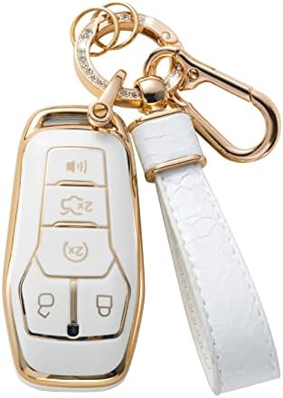 MuzizyQ компатибилен за Ford Key Fob Cover со кожа Lanyard, заштита од школки со клуч за автомобили за Ford 2017 F250 F350 F450 Edge Истражете