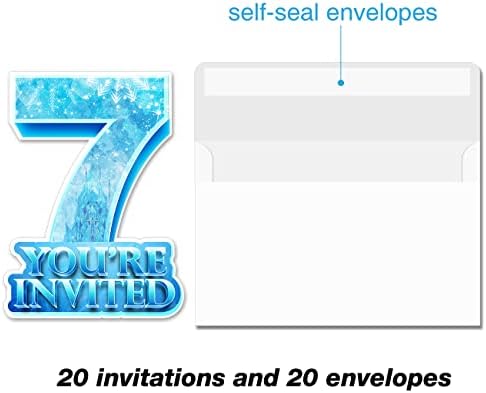 20 покани за 7-та роденденска забава на ледената кралица со коверти двострана сина зимска снегулка во форма на пополнување покани за покани за 7 години
