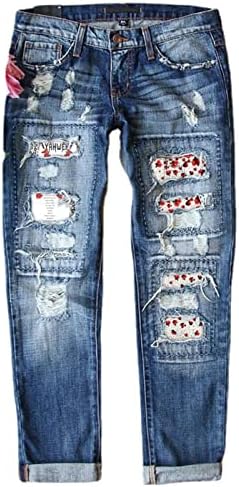 Миашуи панталони за плус големина жени женски тексас панталони права нога искинато печатено печатење на панталони со панталони со големина на