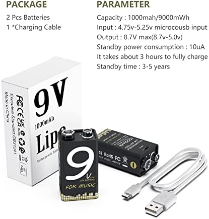 9V Батерија, USB Полнење 9Volt Литиум Батерии 1000mAh, Долготрајни ЛИ-јонски Батерии, Без Мемориски Ефект - Со Микро Полнење Кабел,