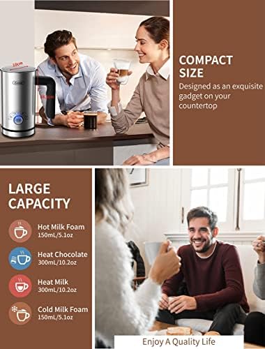 Gevi Milk Frother, 4 во 1 Електричен не'рѓосувачки челик 10,1 мл/2,5 мл автоматски производител на ладно и топло млеко и млеко, потопло со чоколадо за Macchiato, Cappuccino, Hot Chocolates, Latte, 500W,