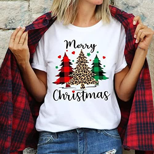 Симпатични Божиќни врвови за жени, жени, обични божиќни печатење кошули со тркалезен врат кратки ракави, врвови на тунична кошула