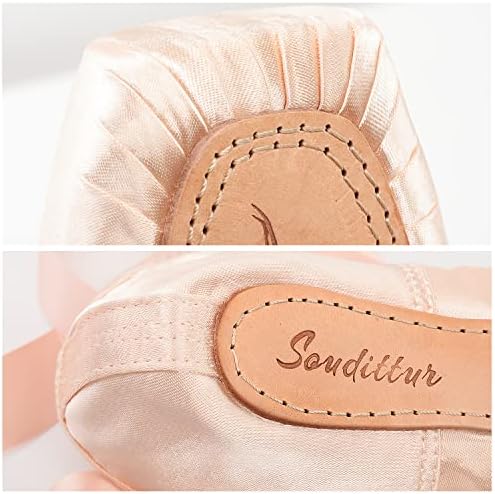 Soudittur девојки жени балетски чевли Pointe Професионални розови сатен танцувачки чевли со зашиени еластични ленти и влошки за