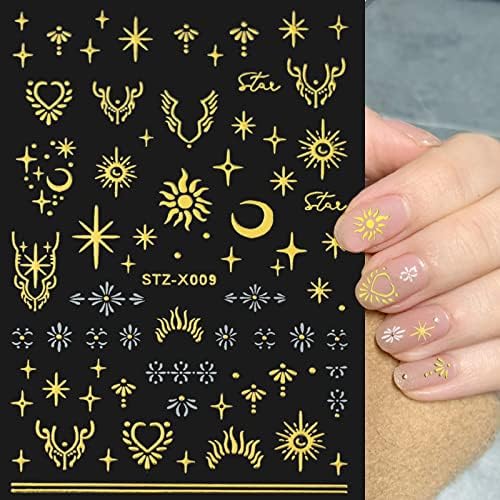Налепници за нокти на Moonвездите 6 чаршафи, 3Д самолепливи декорации за нокти DIY шарени декор на нокти, злато сребро холографски