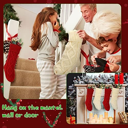 4 Парчиња Божиќни Чорапи 14 Инчни Плетени Божиќни Чорапи Голем Кабел Плетени Семејни Чорапи Бордо И Крем Чорапи За Божиќни Чорапи
