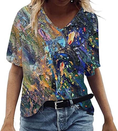 Маички кошули за жени, женски летни печатени графички маички кратки ракави плус големина врвови против вратот копче блузи туники