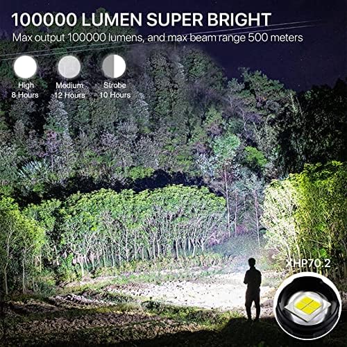 Flarslys Flashlys High Lumens, 100000 LEMES LED супер светли светла со странична светло за работа, 7 режими, зумирање, USB излез, IPX6