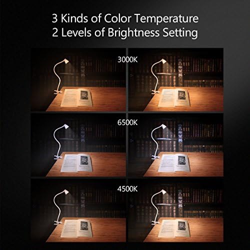 Cesunlight Clip на светло за читање, Стегач за ламба за биро, 3000-6500K прилагодлива температура на бојата, 6 режими на осветлување,