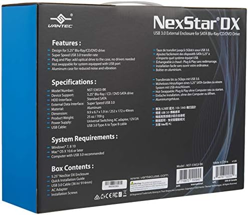 Vantec NST-536S3-BK NexStar DX USB 3.0 Надворешно Куќиште ЗА SATA Blu-Ray/CD/DVD Диск Сите Црни &засилувач; CB-ST00U3 NexStar USB 3.0 ДО