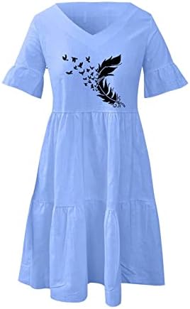 HGNAY летен фустан за жени памучни постелнина фустани моден графички принт краток ракав против вратот на линија за замав фустани