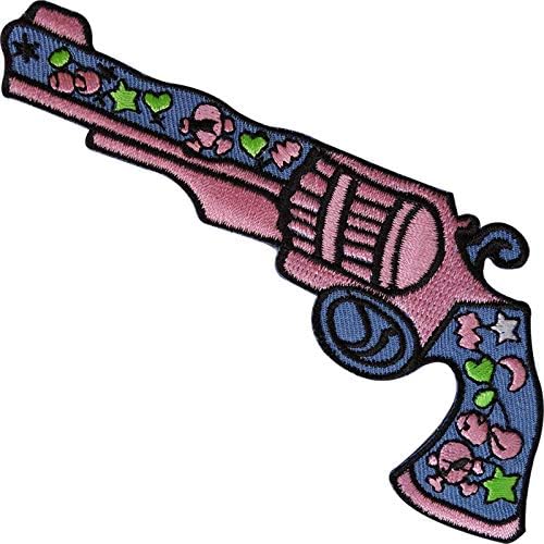 Девојки розово каубојски пиштол пиштол печ извезена значка железо шива на торба со фармерки со кошула