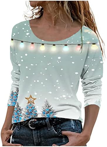 Женски Божиќни кошули со долг ракав Дедо Мраз снежни врвови за снежни врвови, фустани обичен екипаж врат маичка Туника Туника блуза