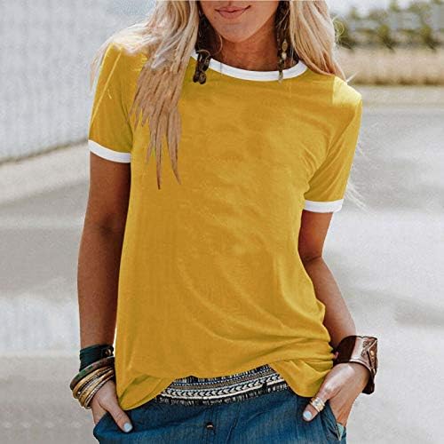 Kaniem женски врвови на рингер маичка со цврста крпеница тенка кошула обична тркалезна врата туника лето лабава блуза со кратки ракави на