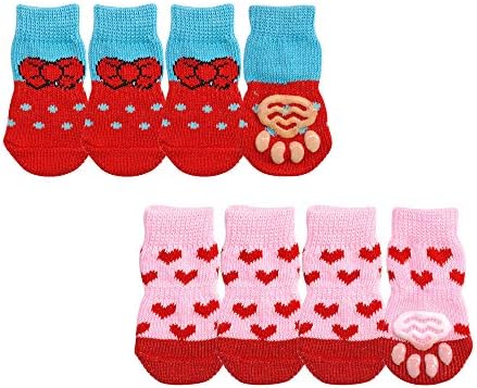 Comidox 2sets Прекрасни чорапи со шепа за кучиња мачки кои не се лизгаат плетени миленичиња чорапи стапала со големина S-l
