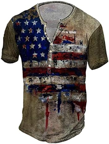Убст Менс патриотски Хенли кошули Ретро потресено американско копче за печатење на знаме V вратот летен кошула на плажа со кратки