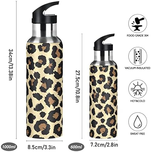 Глафи ​​животно печати леопард шише со вода со слама, без БПА, шишиња со вода од 32 мл изолирани не'рѓосувачки челик, за училиште, канцеларија,