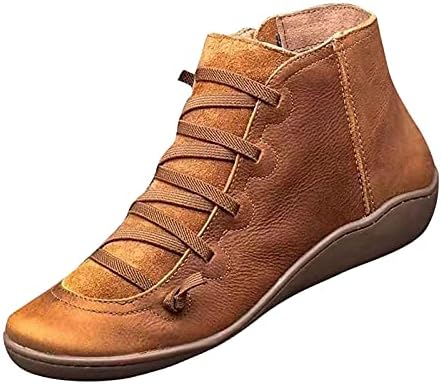 Bootsенски чизми на глуждот Ретро кожа чизми на платформата, страничен патент, плус големина лизгање на зимски снежни чевли, подигање